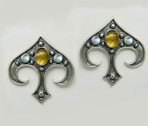 Sterling Silver Gothic Inspired Drop Dangle Earrings With Citrine And Blue Topaz